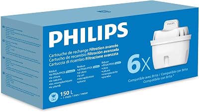 Water Cartuchos de filtro de agua de repuesto Filtración Avanzada, pack de 6 filtros, reduce los MICROPLÁSTICOS, el CLORO, la CAL, los METALES PESADOS, Compatible con brita*