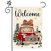 Christmas Truck Small Decorative Garden Flag,12x18 Inch Double Sided Outside Farmhouse Yard Lawn Outside Decor, Winter Holiday Burlap Outdoor Home Decoration Flag