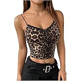 Milumia Women's Leopard Print Lace Cami Crop Top V Neck Spaghetti Strap Rave Party Camisole Tops