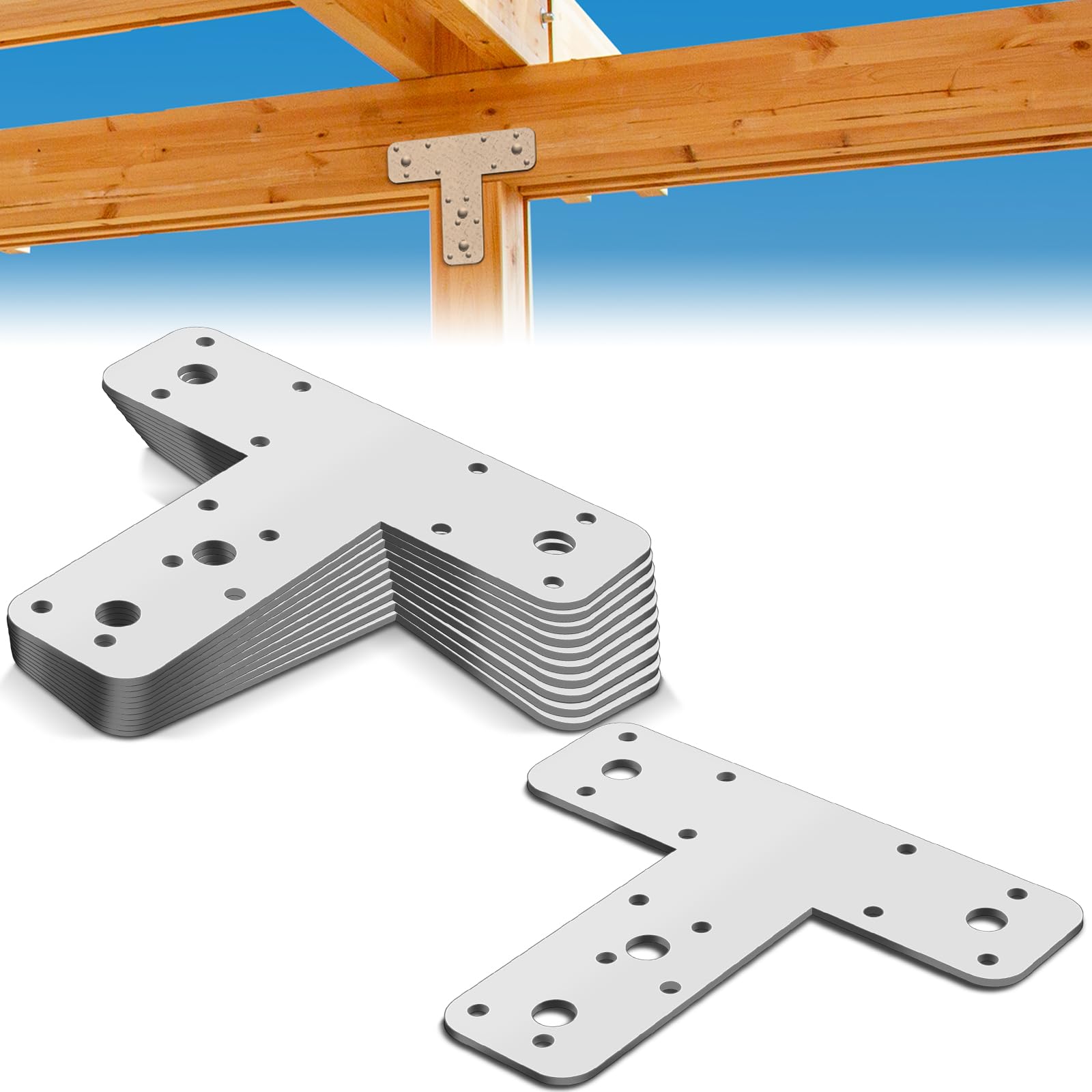 Photo 1 of Shimeyao 12 Pcs T Post Bracket Flat Tee Mending Plate Silver Strong T Repair Straps Multiple Holes Bracket for Wood, Furniture, Timber Connector, Truss Framing Thickness 3/32" Silver, Galvanized Steel