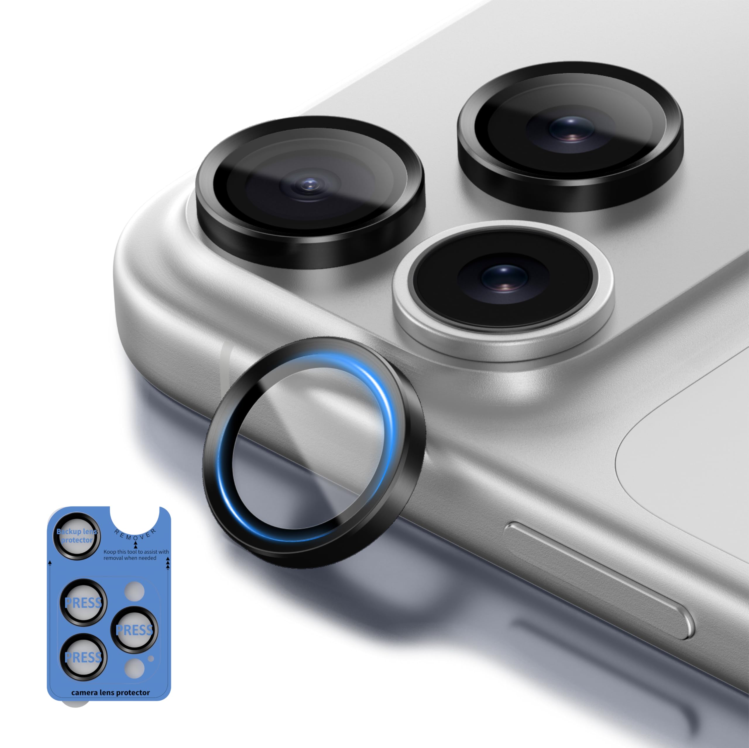 Photo 1 of Ailuudy Bevelled Camera Lens Protector for iPhone 17/16/15/14 Pro/Pro Max, Individual 9H Tempered Glass Cover with Raised Aluminum Metal Rim, Scratch Resistant, Strong Adhesion, Easy Installation