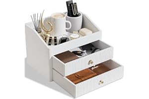 LADSTAG Desk Organizer,Beige White Vegan Leather Desk Accessories & Workspace Organizers with 2 Drawers & Tray,Key Holder with Gold-Tone Metal Accents knob，Jewelry Box,Nightstand
