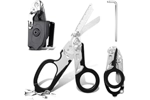 PATWING 6 In 1 Emergency Shears, Stainless Steel Foldable Trauma Shears with Strap Cutter and Glass Breaker, Outdoor Camping Tools (Black)