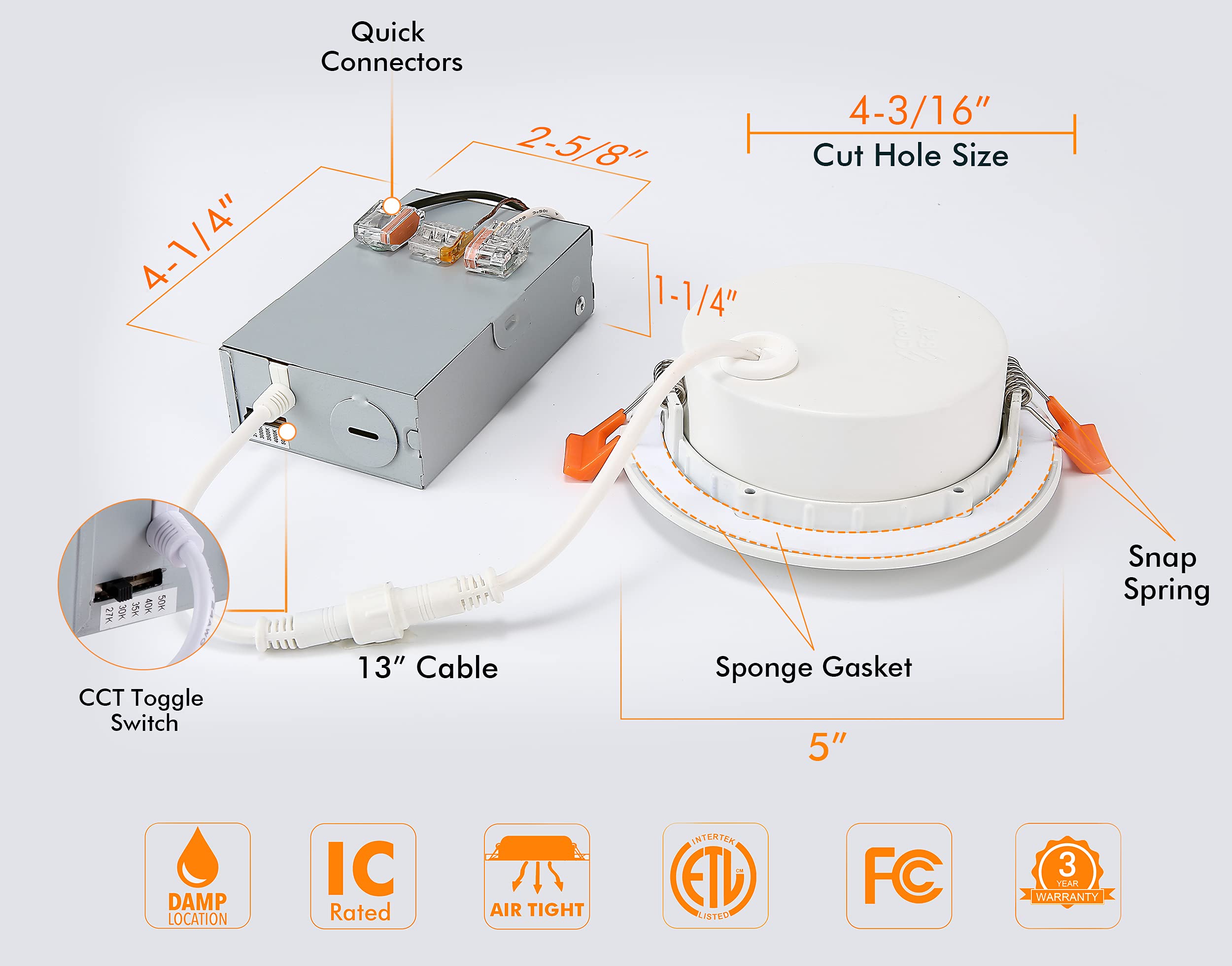 CLOUDY BAY Eyeball 4 inch 5 Color Gimbal LED Recessed Light with Junction Box, 9.5W CRI90+ 2700K/3000K/3500K/4000K/5000K Selectable,Dimmable, Canless Recessed Spotlights, Damp Rated, White,Pack of 6