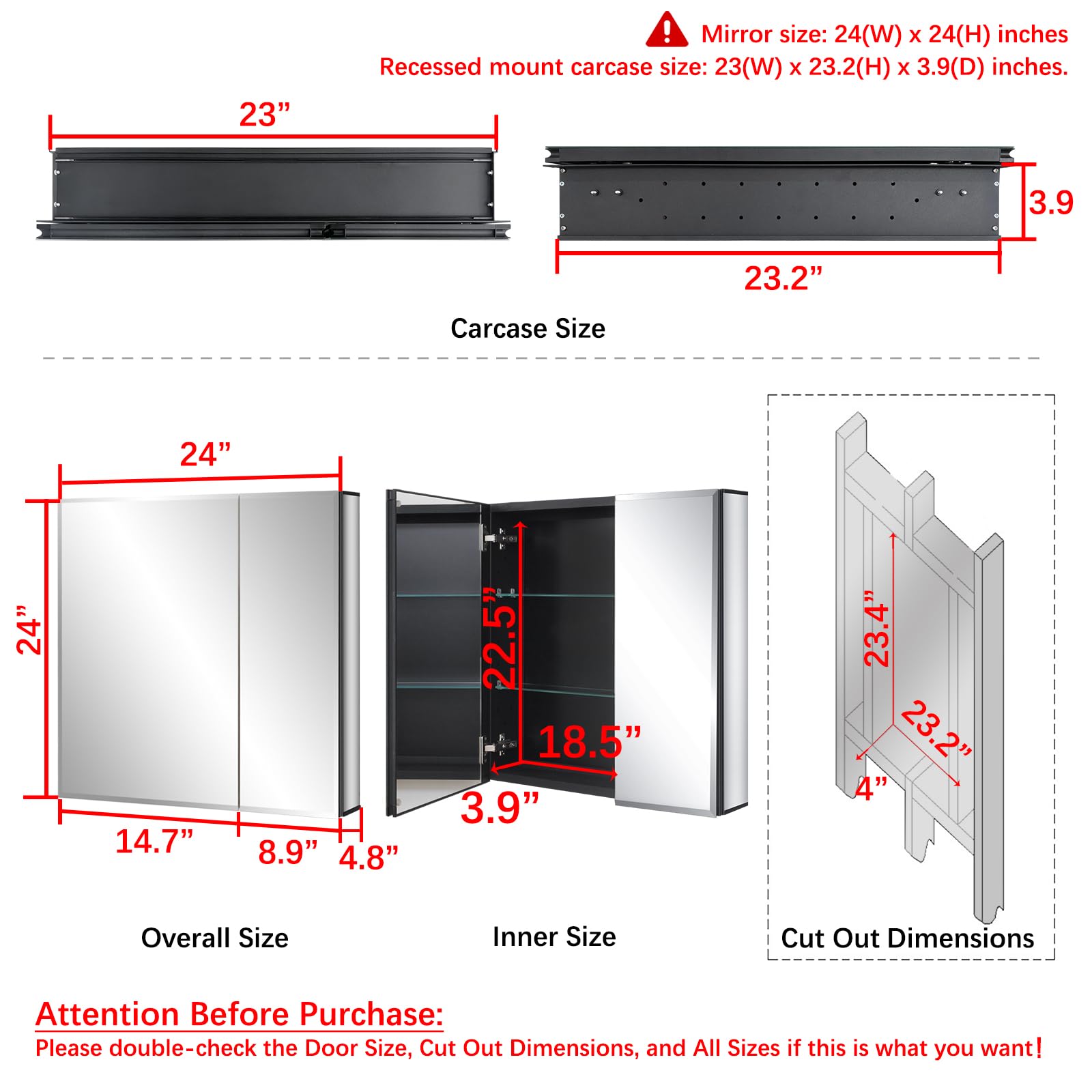 Fundin Black Aluminum Medicine Cabinet 24 x 24 Inch Recessed or Surface Mount, with Double Door and Adjustable Shelves.