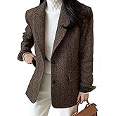 SOMTHRON Women's Herringbone Wool Blend Coat Single Breasted Long Sleeve Fall Winter Work Business Blazer Jacket