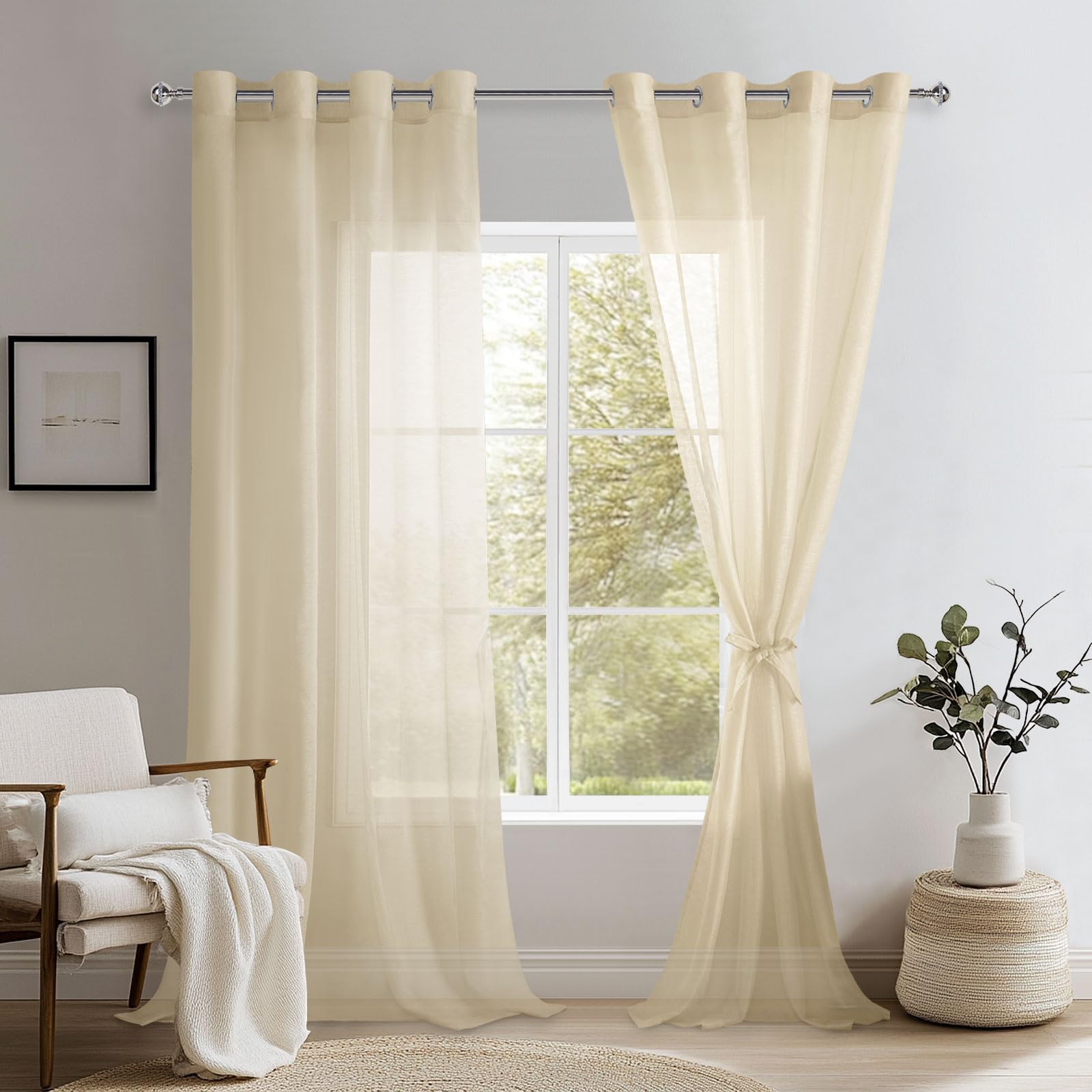 DWCN Beige Sheer Curtains with Tiebacks Semi Transparent Voile Grommet Curtains Elegant Window Curtains for Bedroom and Living Room,2 Panels,W52 x L96