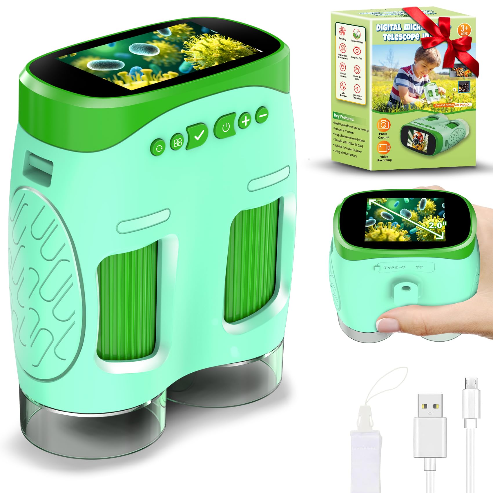 Photo 1 of 1000X Handheld Microscope for Kids : 4K 2.0" Screen Rechargeable Telescope and Camera Combo with 6 Slides, Perfect for Indoor Outdoor Exploration, Portable Edu for Age 3-12 Children