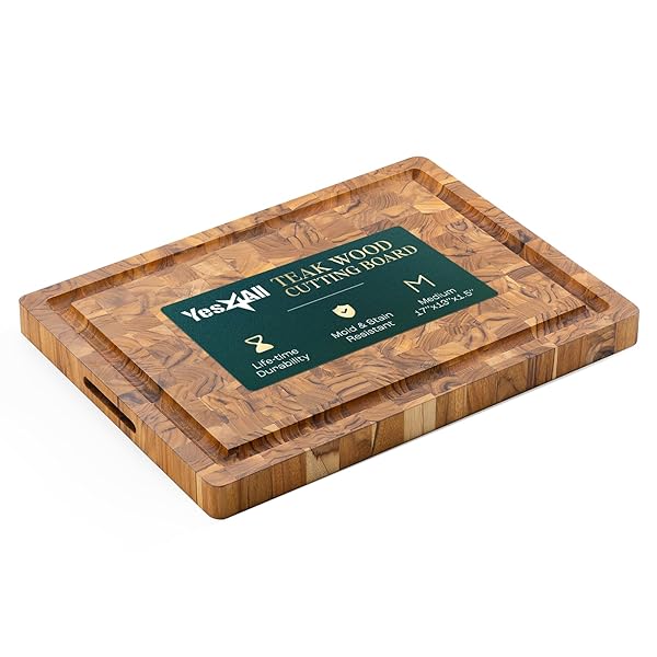 YES4ALL MEDIUM END GRAIN TEAK CUTTING BOARD FOR KITCHEN, 17”L X 13”W X 1.5” THICK, DURABLE WOOD WITH JUICE GROOVES, PRE-OILED, EASY GRIP HANDLES, ESSENTIAL KITCHEN UTENSILS SET