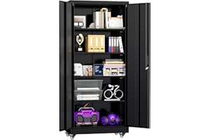 Superday 73" Metal Storage Cabinet with Wheels, Lockable Steel Utility Cabinet with 2 Doors and 4 Adjustable Shelves, Rolling