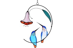 Lolitarcrafts Hummingbird with Flower Stained Glass Suncatcher Bird Stained Glass Window Hangings Hummingbird Gift for Home Decor (Blue 1 Pair)