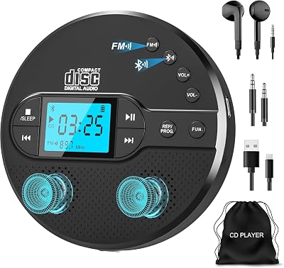 GREADIO Portable CD Player Bluetooth FM Transmitter Rechargeable Battery