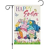 Wodison Happy Easter Garden Flag 12x18 Inch Vertical Double Sided, Burlap Small Gnomes Truck Yard Flags for Outside Farmhouse Holiday Outdoor Decoration