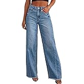 Trendy Women's Baggy Wide Leg Jeans High Rise Stretchy Denim Pants with Raw Hem & Comfort Fit