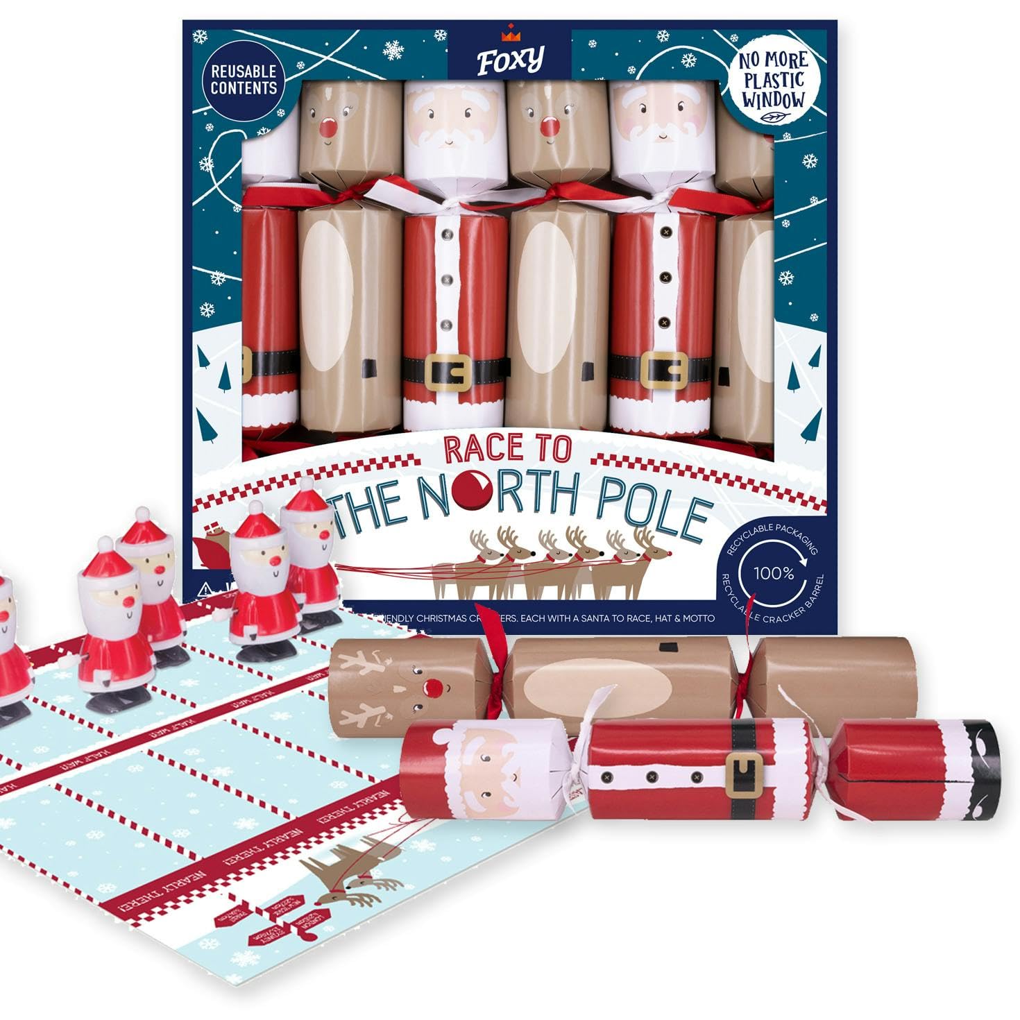 Celebration Crackers Foxy Race to the North Pole - 6 x 12 inch Fun Christmas Crackers Game with Santa & Reindeer Racetrack Racing - FSC Mix