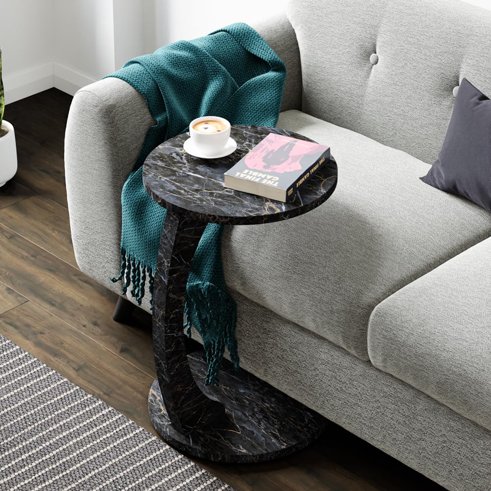 C-Shaped Round End Table with Rolling Wheels