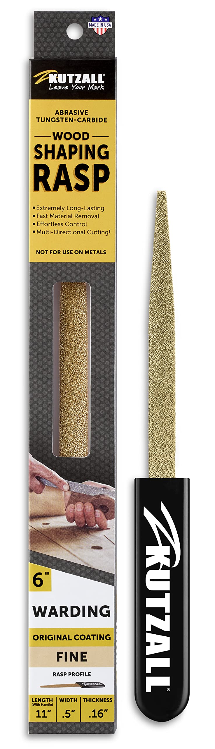 Kutzall Original 6" Warding Hand Rasp - Fine, Wood Rasp/File used for Woodworking & Shaping, W/Ergonomic Soft Grip Handle, Absrasive Tungsten Carbide Coating - 11" (279.4mm) Overall Length - WD6170