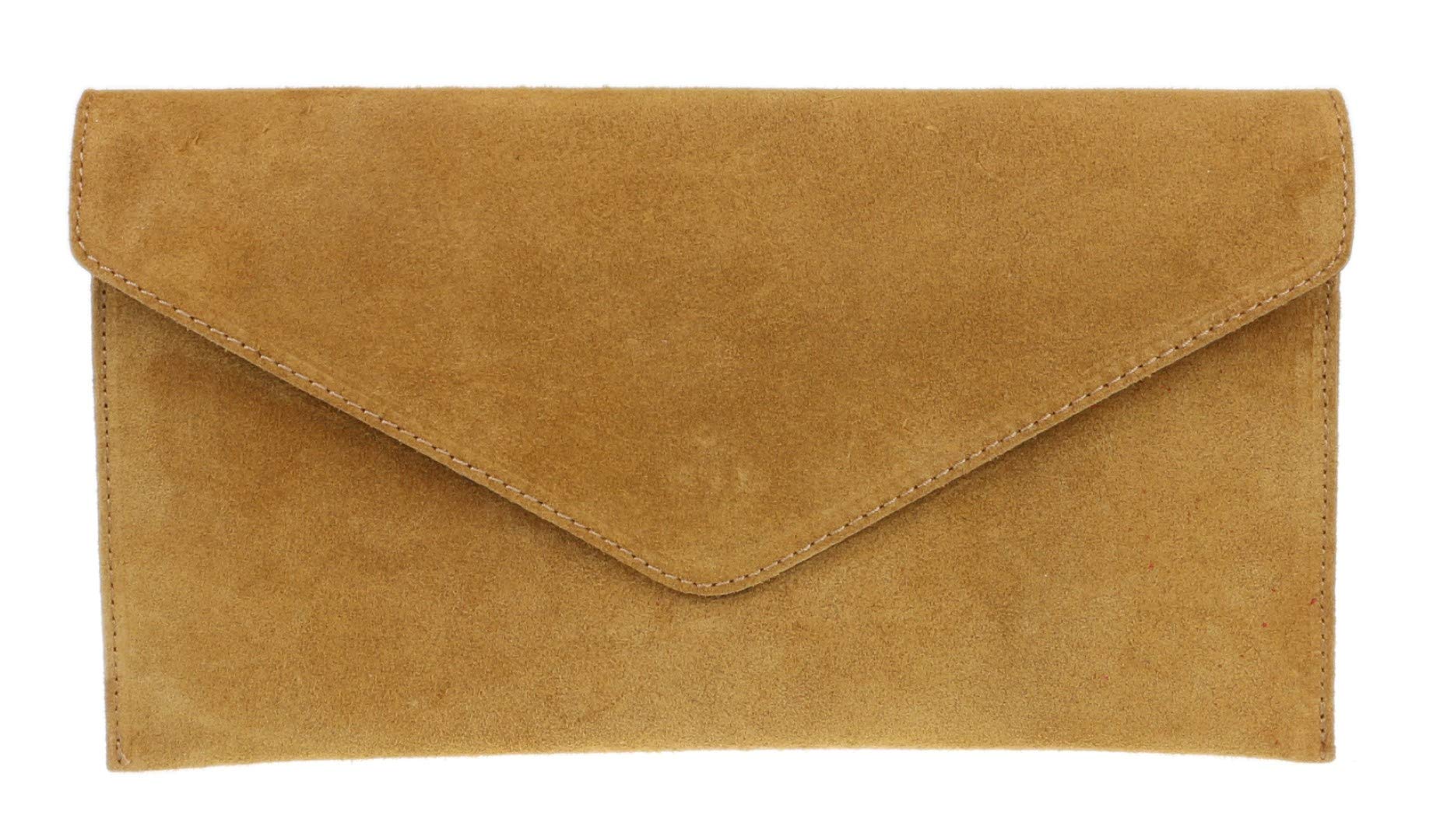 Girly Handbags Womens Italian Suede Leather Envelope Clutch Bag Tan