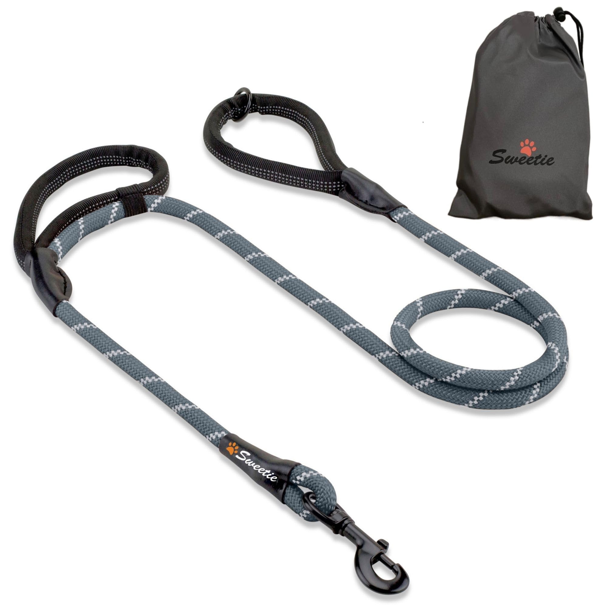 Sweetie Rope Dog Lead - Strong Leash with 2 Comfortable Padded Handles 5 FT for Medium & Large Size Pets - Reflective, Weather Resistant & O-Ring. Grey — image 1