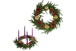 Stranthother Norfolk Pine Christmas Advent Wreath with Red Berries & Pinecones Catholic Advent Wreath Ring Candle Holder Church Table Centerpiece Holiday Decoration Gifts(Candles Not Included)