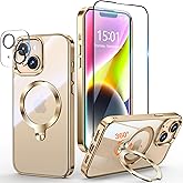 Yondcd [Tri-Shield Protection] for iPhone 13/14 Case with 360° Spin Stand Compatible with MagSafe [Magnetic CD Ring] [Screen & Camera Lens Protector] Shockproof Plating Never-Yellowing, Gold-6.1"