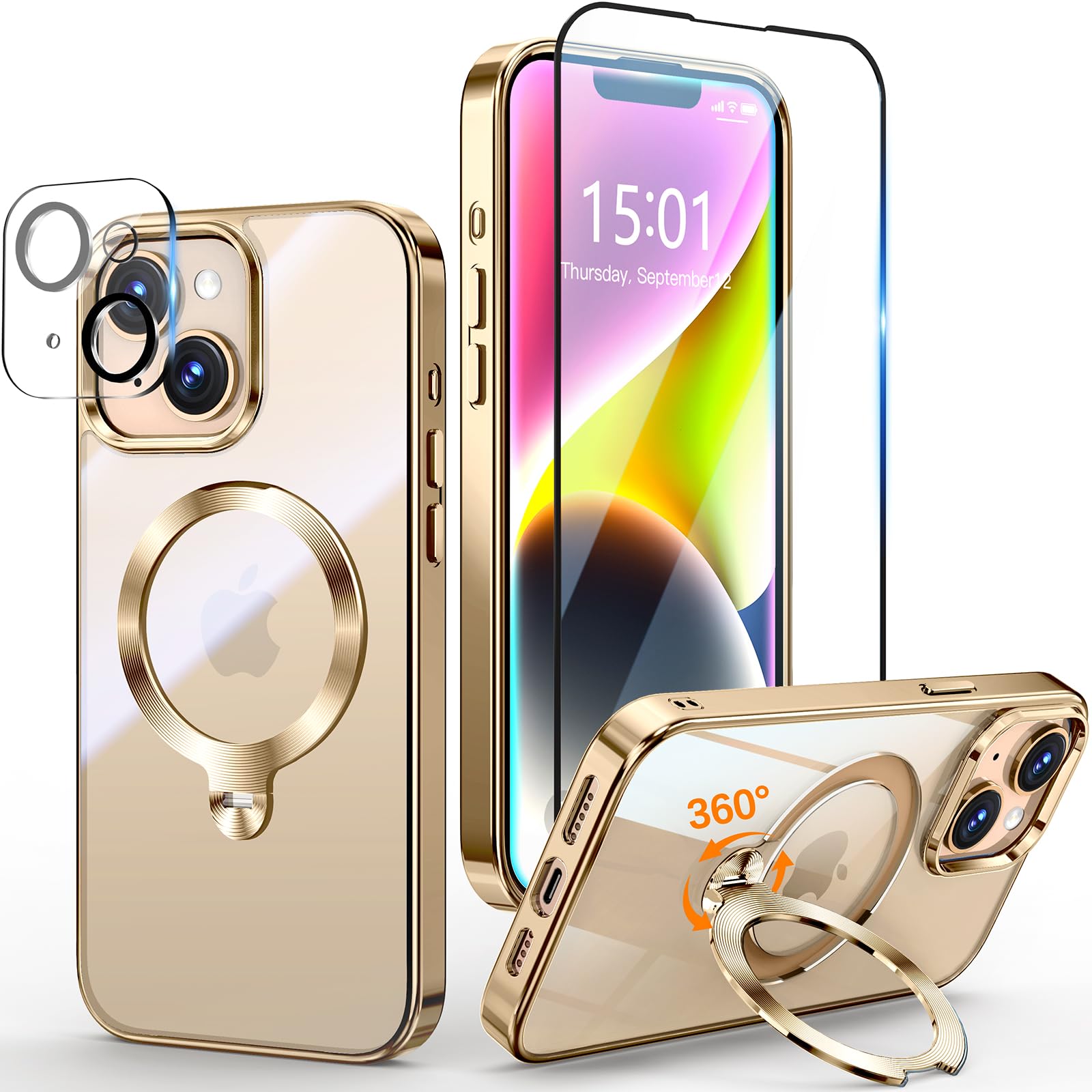 Photo 1 of [Tri-Shield Protection] for iPhone 13/14 Case with 360° Spin Stand Compatible with MagSafe [Magnetic CD Ring] [Screen & Camera Lens Protector] Shockproof Plating Never-Yellowing, Gold-6.1"