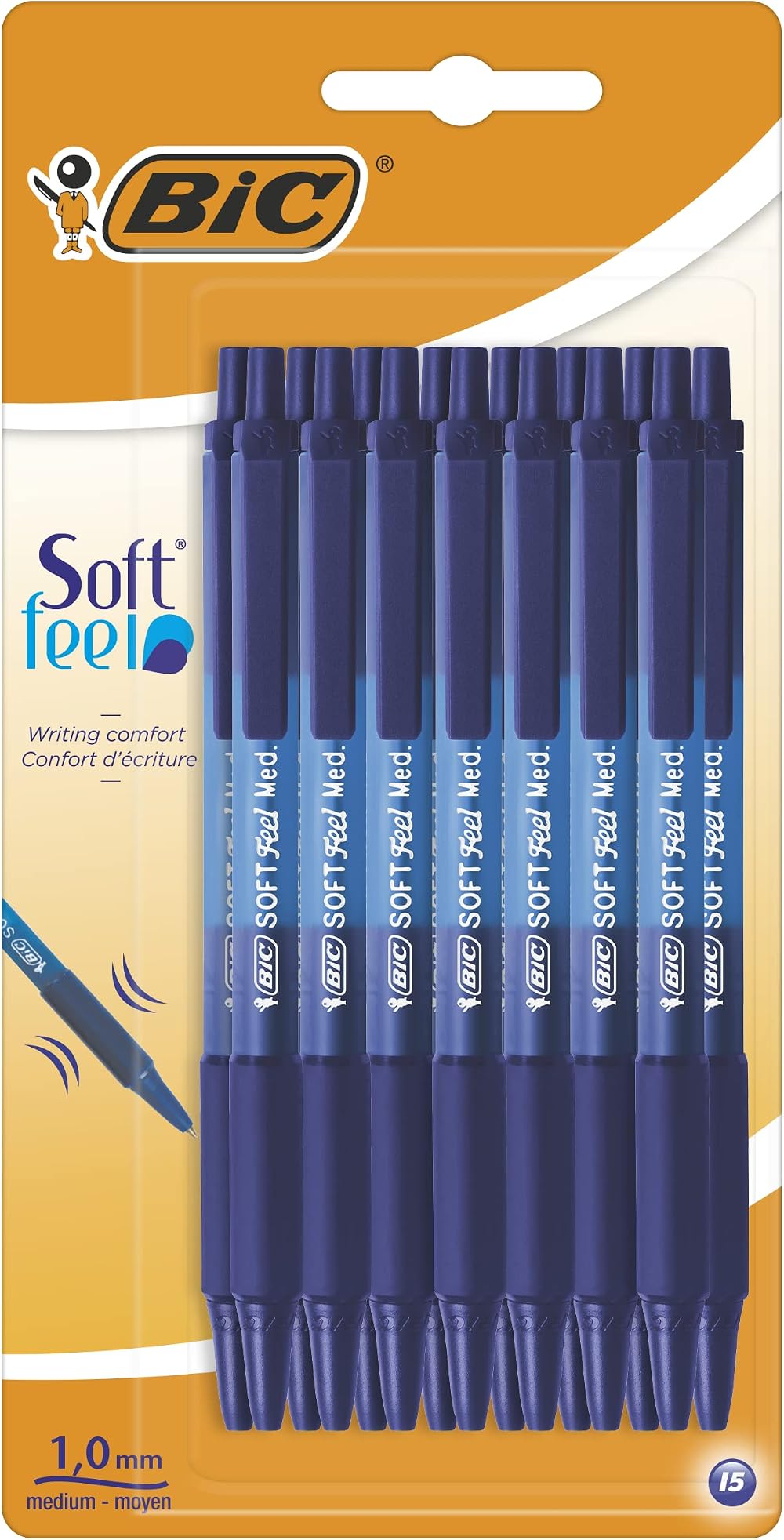 BIC Soft Feel Click Grip Blue Ballpoint Pens 1.0 mm Retractable 15 Pack