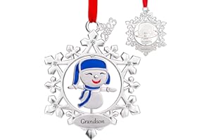 LIUSUPER Grandson Christmas Ornaments 2023,Rotatable Snowman Christmas Tree Ornaments Silver Metal Snowflake with Crystal Ornaments Pendant for Kids Boys Birthday Xmas Home Decor