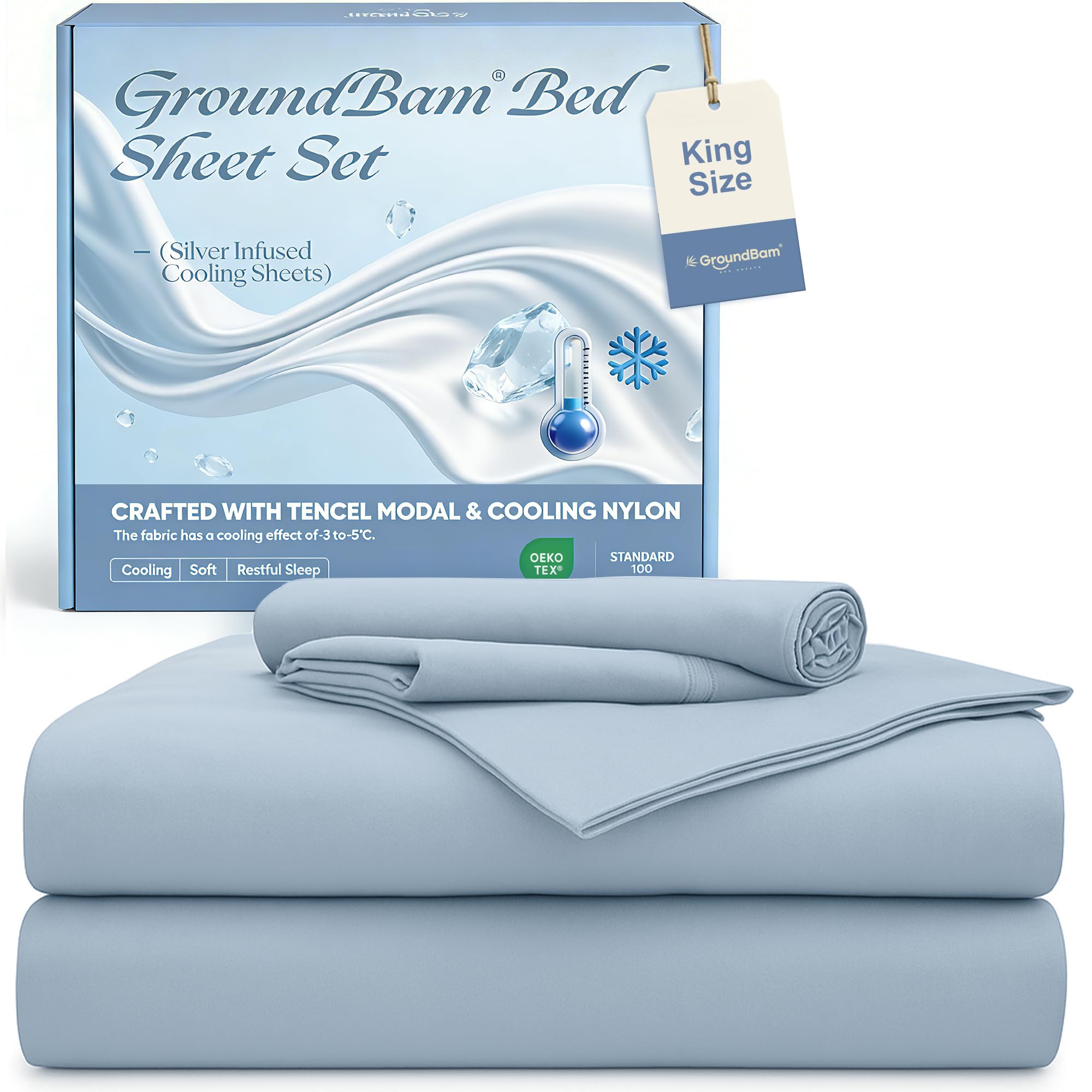 Photo 1 of Silver Infused Bed Sheets Set, Cooling Tencel Sheet with Self-Cleaning Technology for 3X Freshness Sleep, Hypoallergenic & Breathable sheet Perfect for Hot Sleepers & Sensitive Skin (Blue, King )