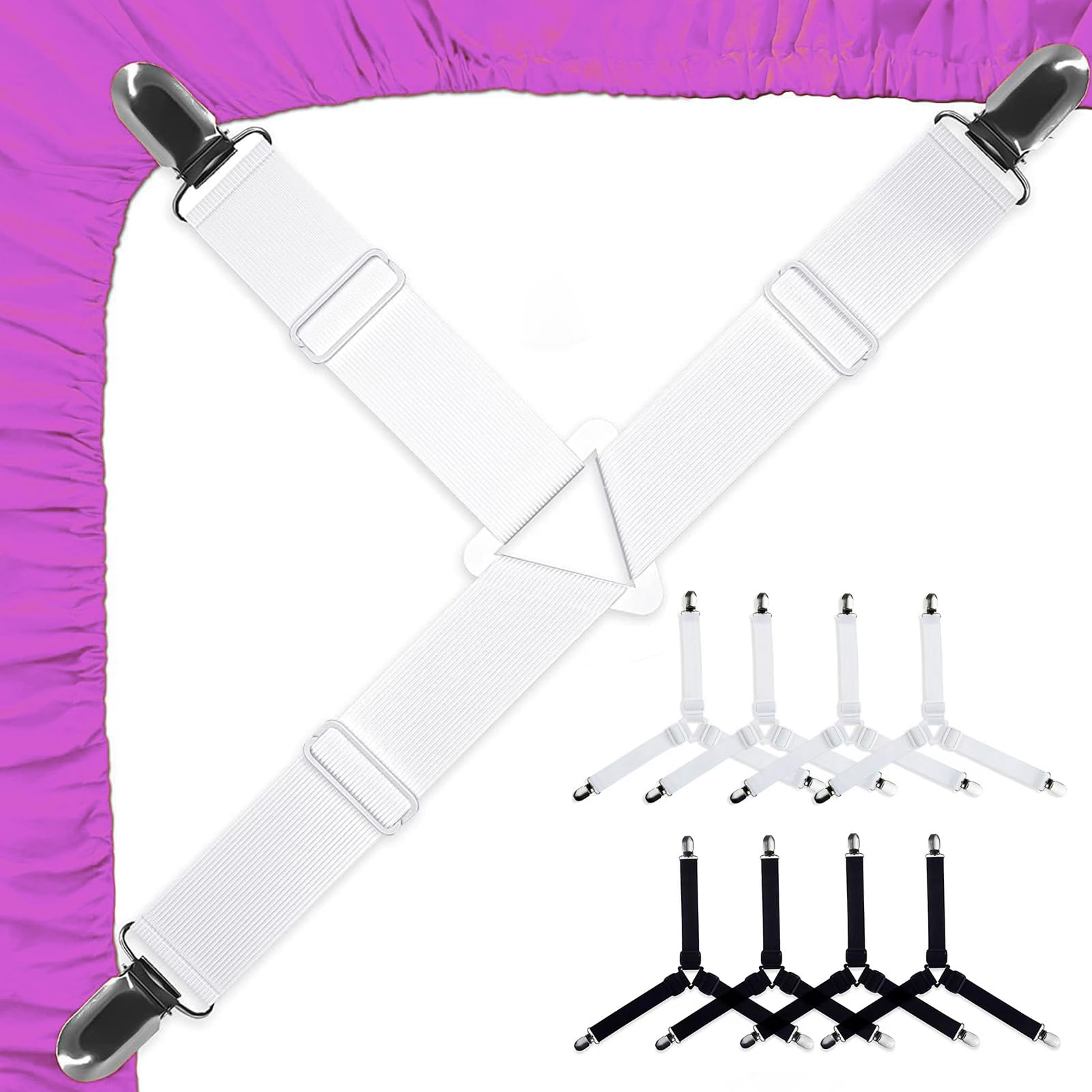 8 Heavy Duty Bed Sheet Clips for Bedding, Bed Sheet Grippers Bed Sheet Fasteners Clips, Triangle Fitted Sheet Clips Straps, Adjustable Bed Sheet Straps, Elastic Mattress Cover Bed Sheet Suspenders