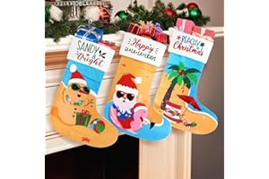 Vansolinne Beach Christmas Stockings 3 Pack 11'' x 17'' Coastal Christmas Decorations Funny Tree Hanging Ornament Bag Fireplace Hanging Soft Large Plush Socks with Santa Flamingo Palms Xmas Gifts