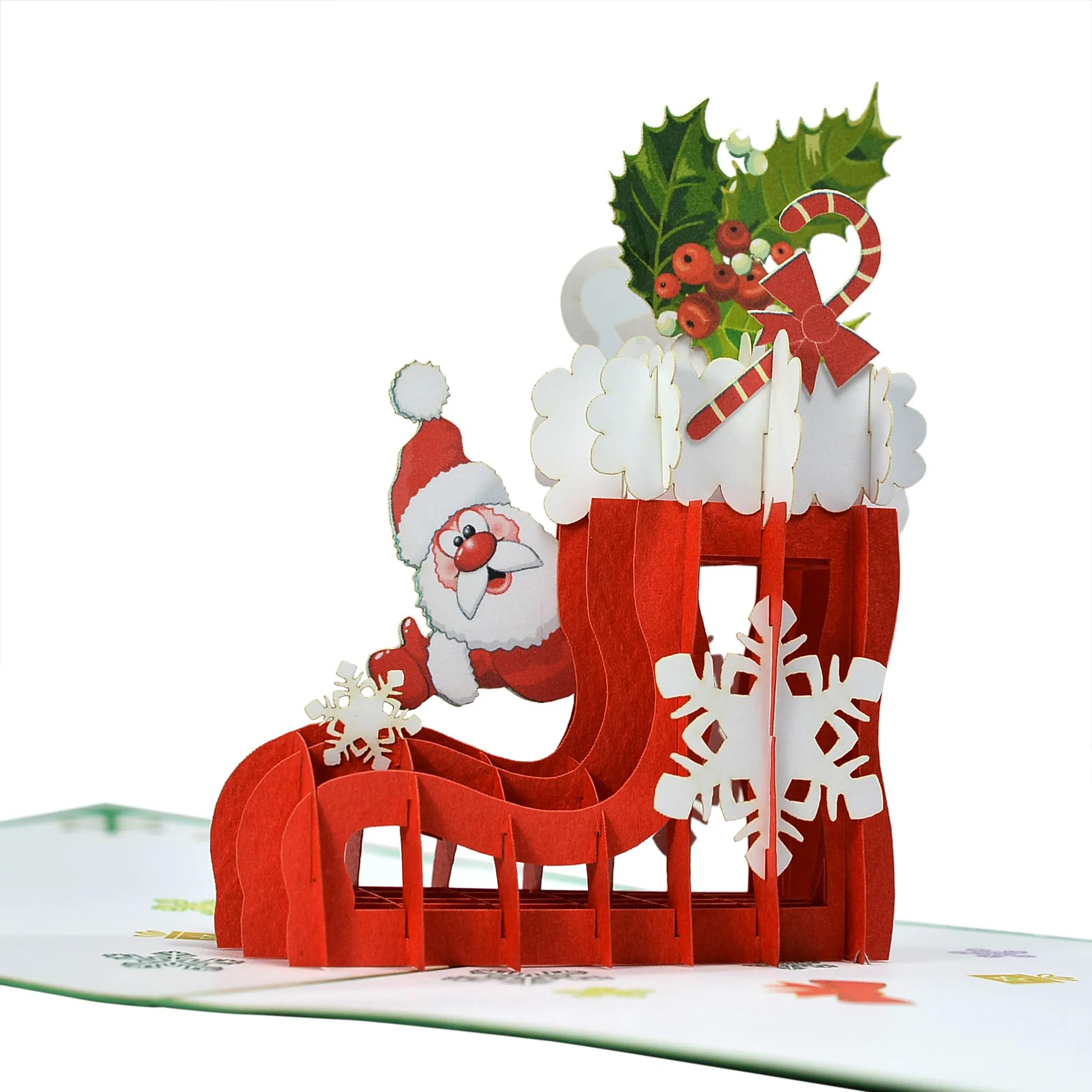 Santa Claus Red Gift Stocking 3D Pop Up card.A Delightful holiday surprise greeting card gift for kids, friends, family and loved ones. For Christmas decor and parties.15cmx15cm