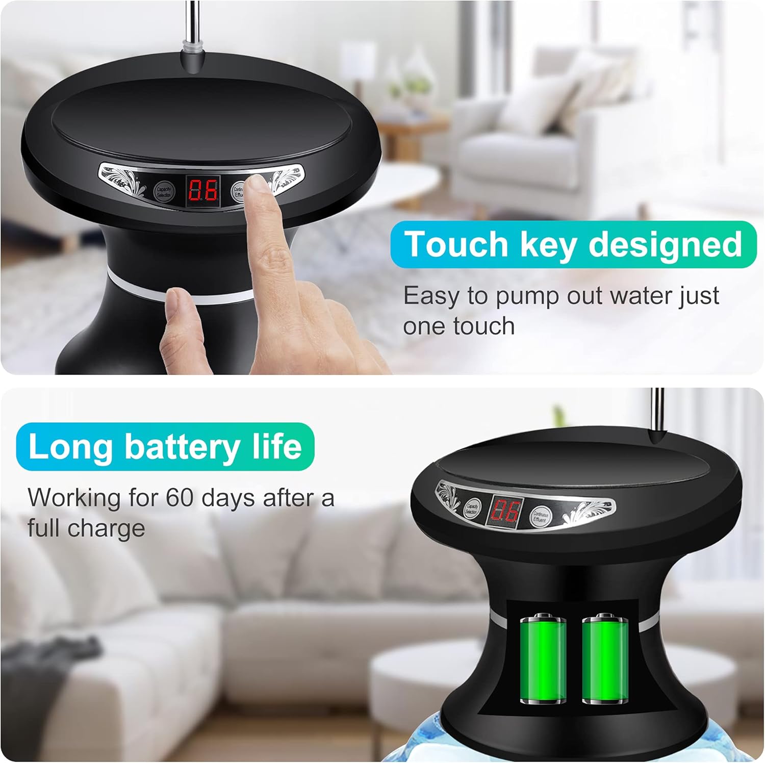 Drinking Water Dispenser Pump, Maypott Automatic Electric Water Pump for 5 Gallon Bottle, USB Rechargeable BPA-Free Water Bottle Dispenser Portable for Home Kitchen, Office, Camping（Black） - - 