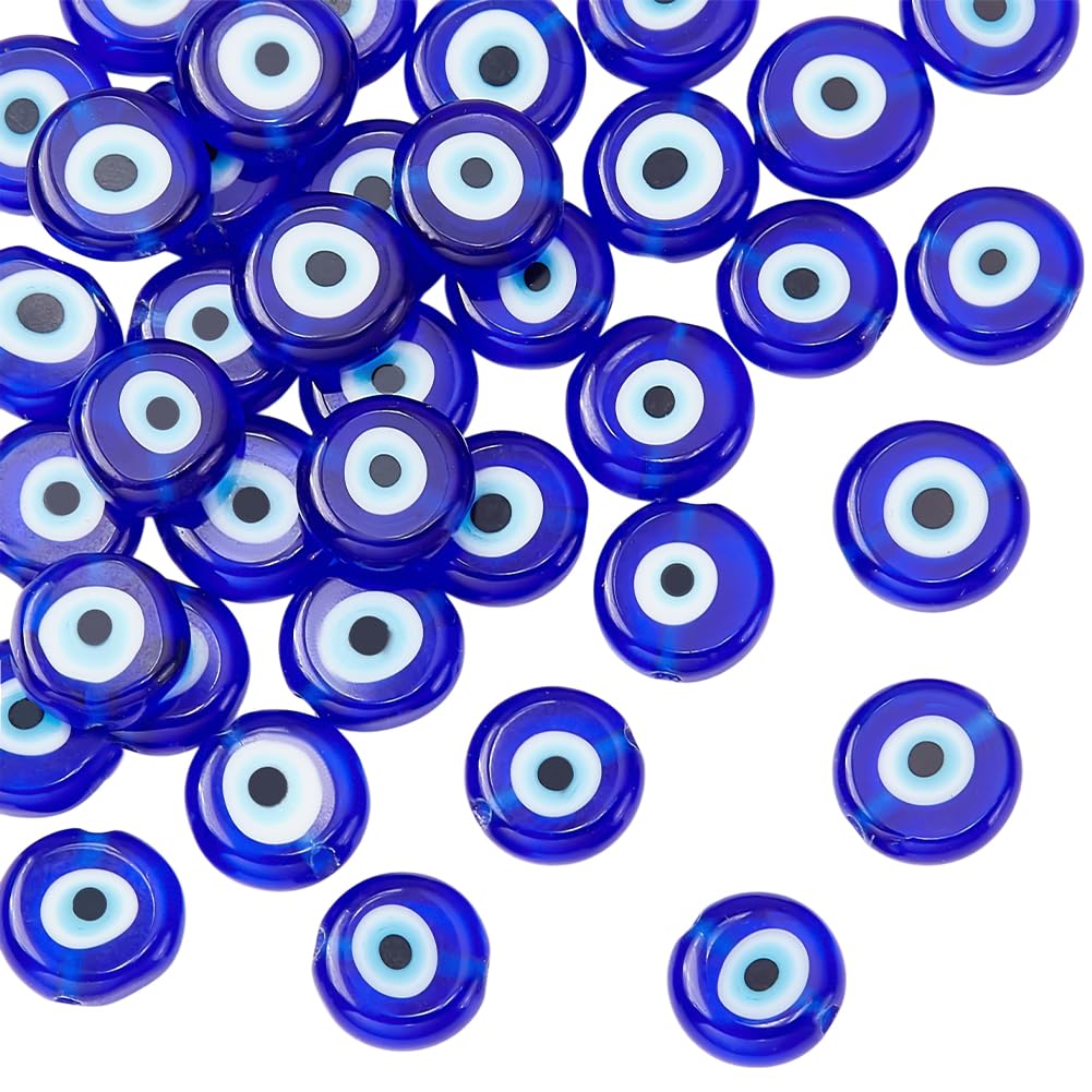 NBEADS 1 Strand 38 Pcs Evil Eye Beads, 10mm Blue Handmade Lampwork Beads Flat Round Evil Eye Spacer Glass Charms for Bracelets Necklace Jewelry Making