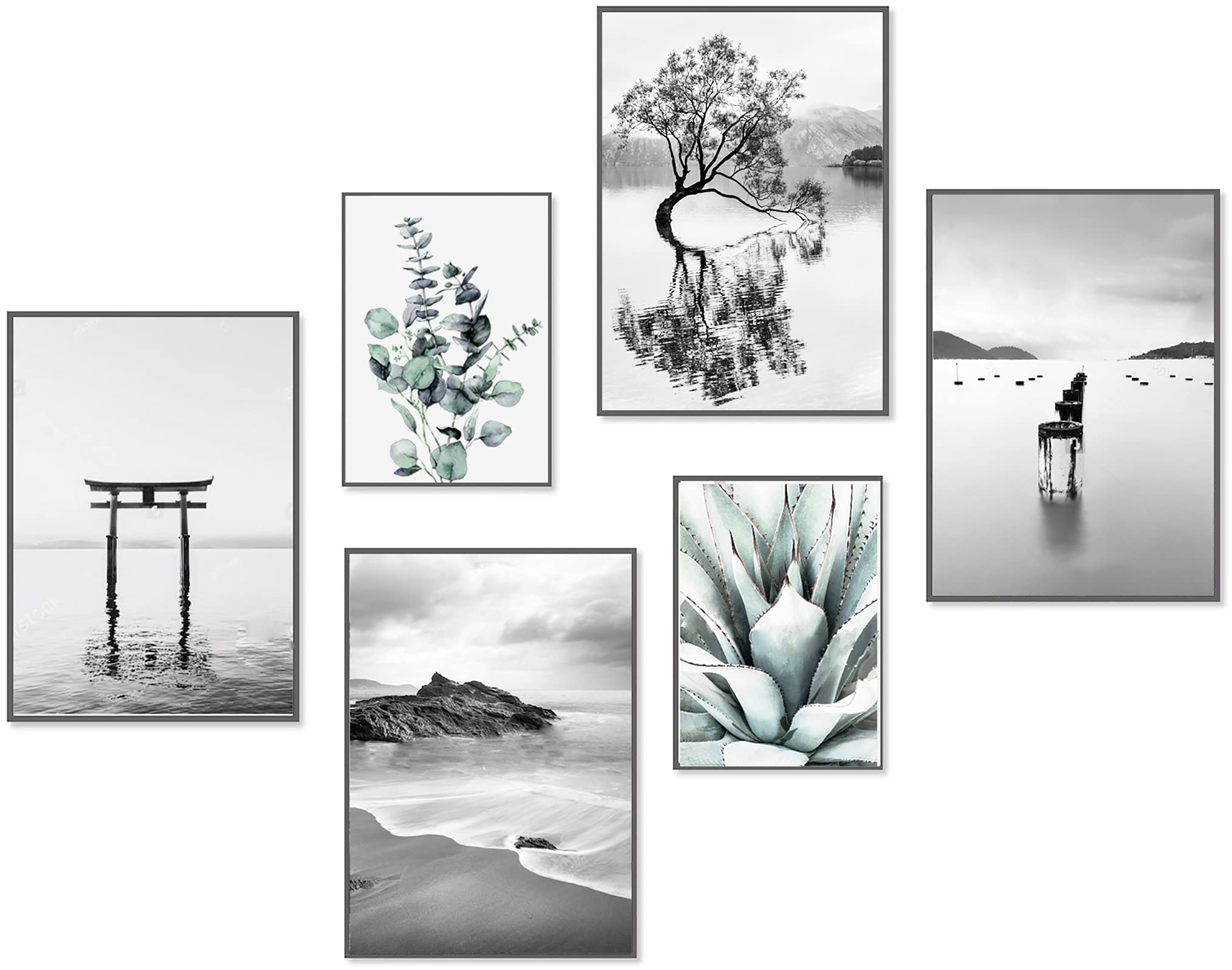artpin® Modern Poster Set - Pictures Living Room Decoration Bedroom - Eucalyptus Mint Black White Picture Wall without Frame (4 x A4 | 2 x A5) W15.