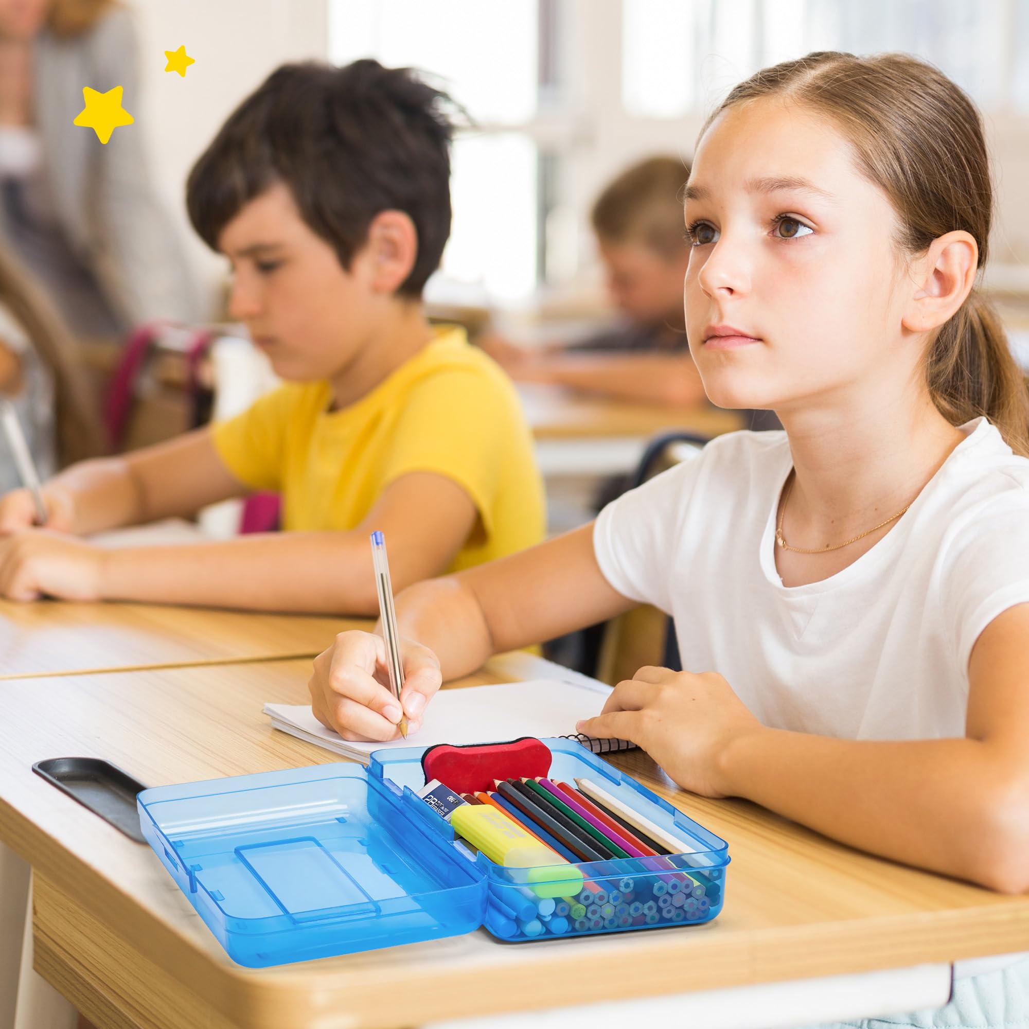 GAMENOTE Plastic Pencil Box with Personalized Sticker,Kids Large Hard Pencil Case with Snap-tight Lid,Clear Crayon Maker Organizer,Small Art Craft Storage Containers,School Supplies Box for Boys,Girls