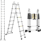 Telescoping Ladder A Frame 16.5Ft Aluminum with Stabilizer Bar, Silver | 330 LBS Capacity, Collapsible Extension Ladder with Non-Slip Feet for House, Roof, RV &amp; Travel Trailer