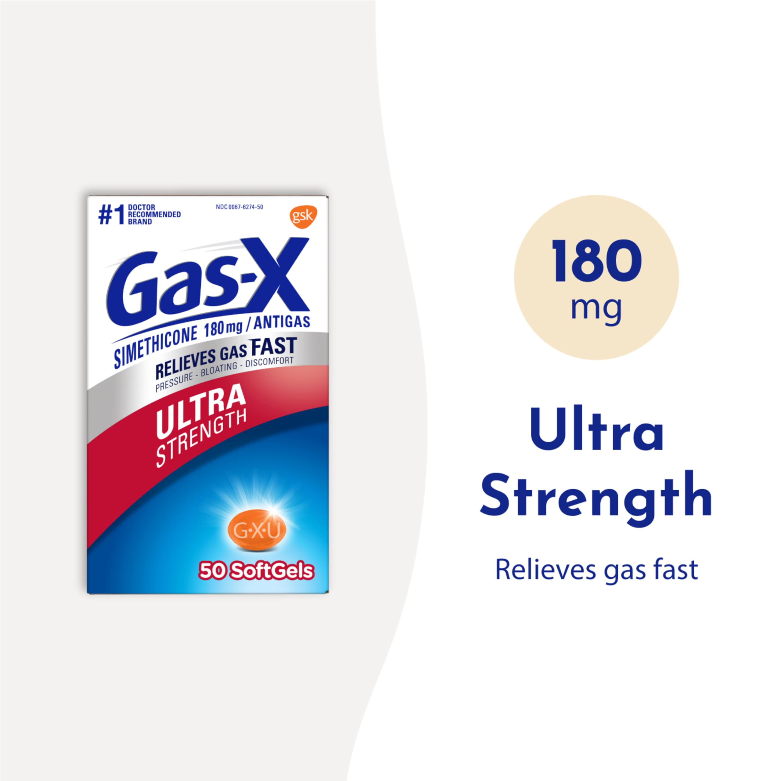 Gas-X Ultra Strength Gas Relief Softgels with Simethicone 180 mg for Bloating Relief - 50 Count