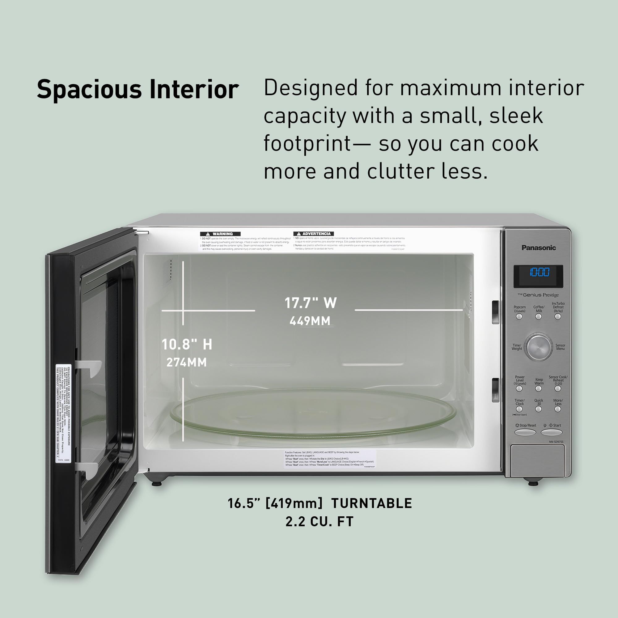 Panasonic Oven with Cyclonic Wave Inverter Technology, 1250W, 2.2 cu.ft. Countertop Microwave with Genius Sensor One-Touch Cooking – NN-SD975S (Stainless Steel/Silver), Stainless