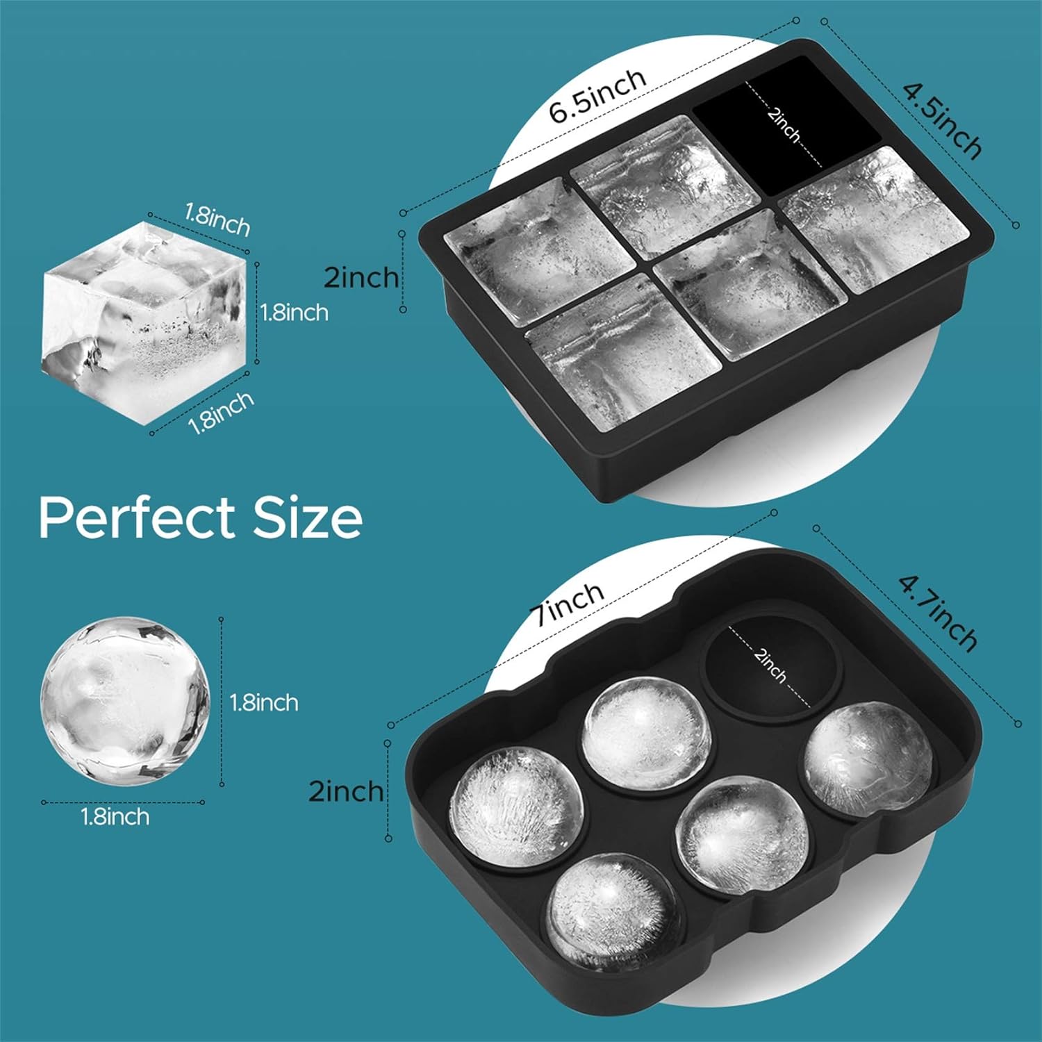 OMORC Ice Cube Trays, Silicone Ice Ball Maker Easy Release Food Grade Flexible Stackable Safe Ice Cube Molds 6 Cavity for Whiskey, Cocktails, Baby Food, Reusable and BPA Free, Pack of 2: Kitchen & Dining