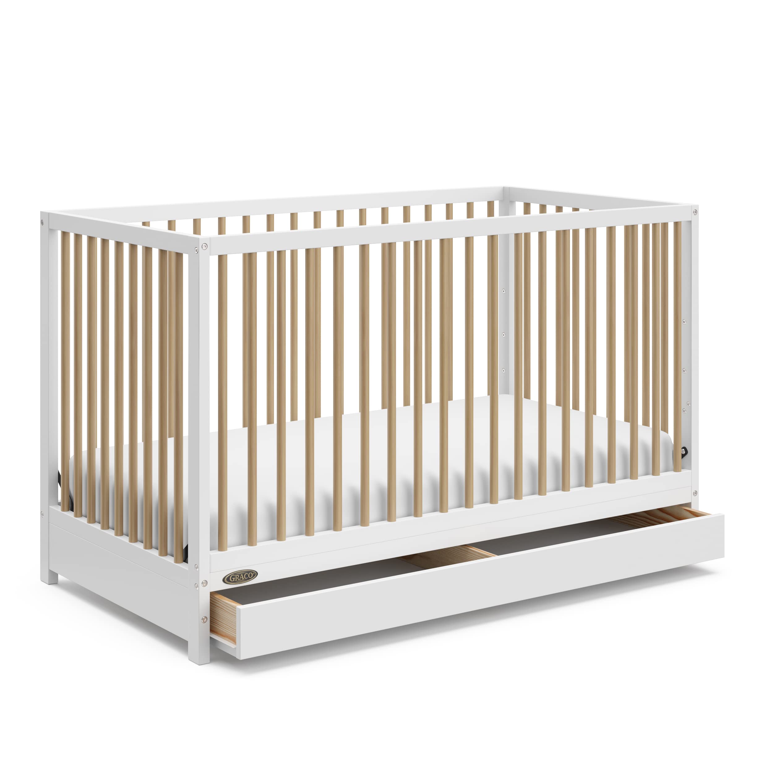 Photo 1 of Graco Teddi 5-in-1 Convertible Crib with Drawer – GREENGUARD Gold Certified, Full-Size Nursery Storage Drawer, Baby Crib Converts to Toddler Bed, Daybed and Full-Size Bed (White and Driftwood)
