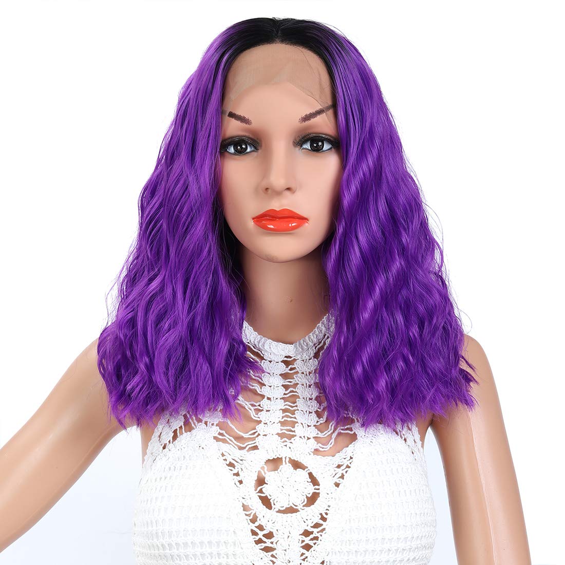YanT HAIR Lace Front Wigs Synthetic Wigs For Women Wavy Bob Wig Middle Part Shoulder Length 14-15 inches Ombre Color Wig 1B/Purple Color