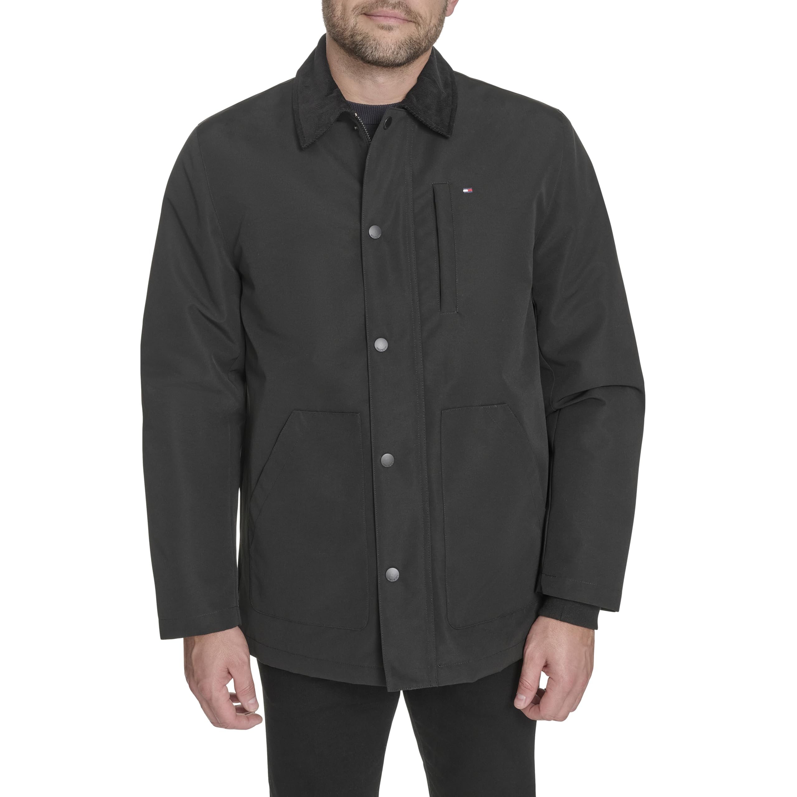 Tommy Hilfiger Men’s Barn Jacket With Corduroy Collar, Black, XX-Large