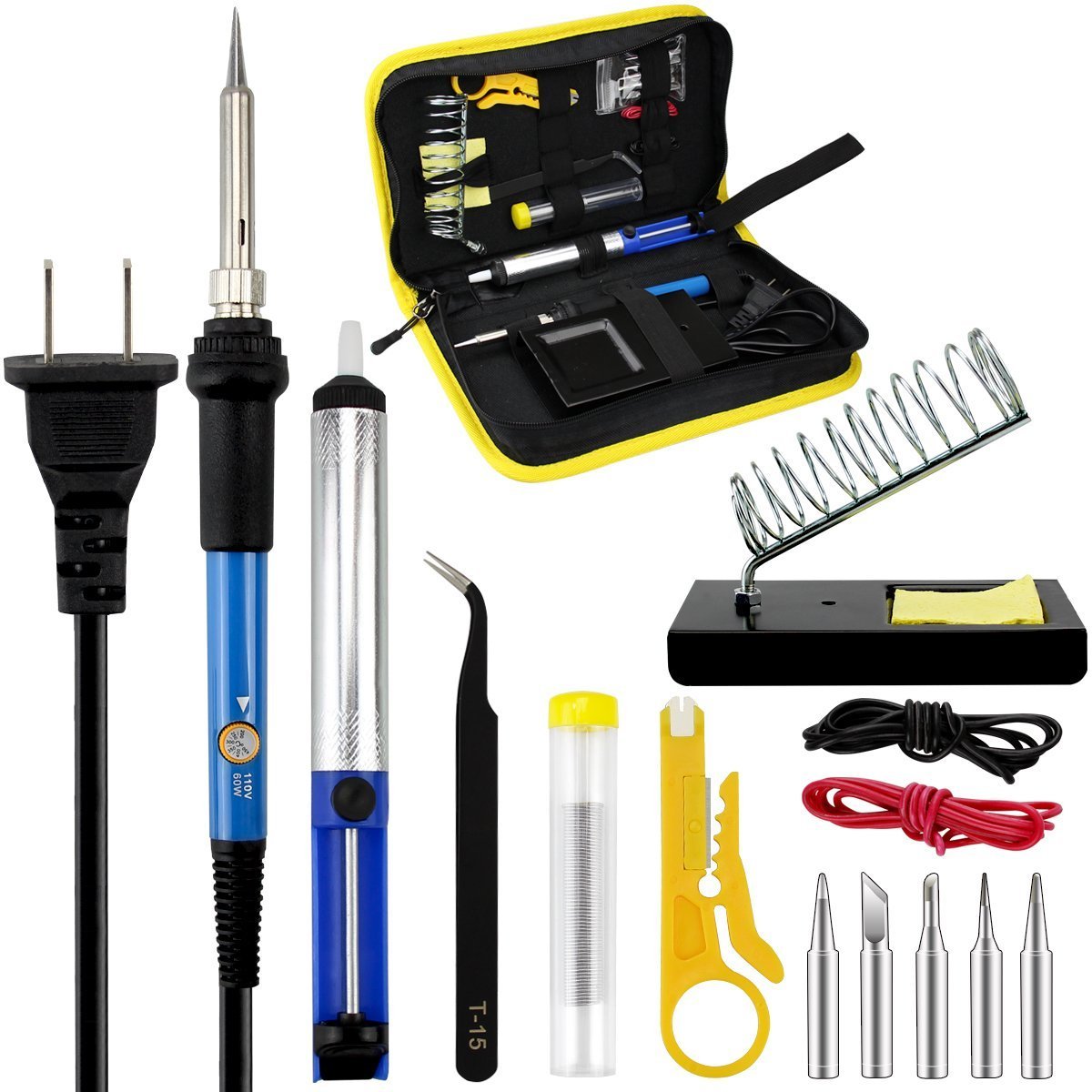 Soldering Iron Kit, 60W 110V Temperature Adjustable Welding Tools,Soldering Pump, Soldering Iron Gun, 5 Soldering Iron Tips, Tin Wire Tube, Soldering Iron Stand, Tweezers, Stripper Cutter, 2 Wires
