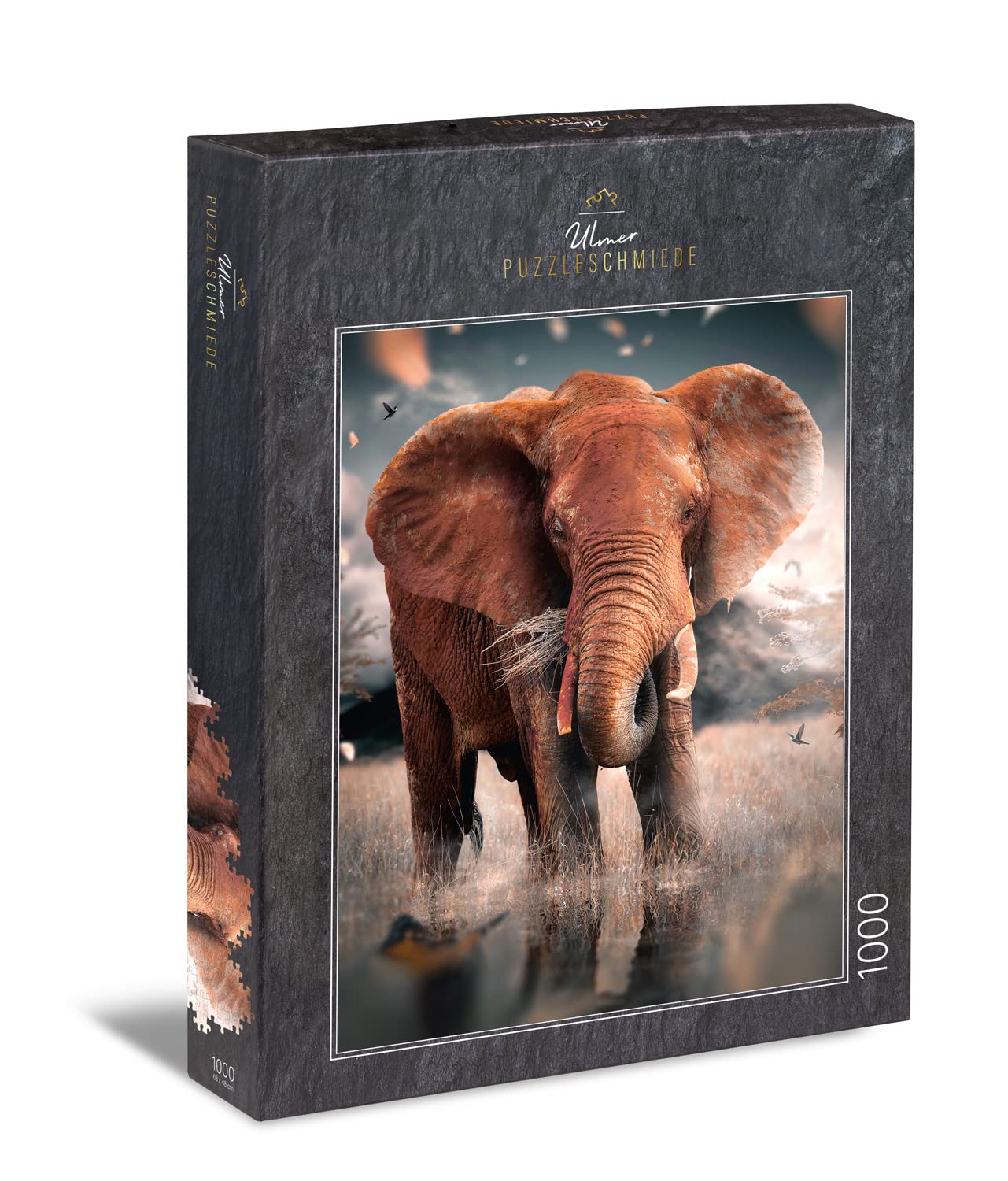 Ulmer Puzzleschmiede - Puzzle "Red Giant" - Impressive Elephant Puzzle with 1000 Pieces - The Mighty Elephant from Tsavo/Africa Grains in the Savannah - Made in Germany
