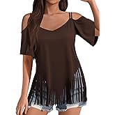 Remidoo Fringe Tops for Women Oversized T Shirt Bell Short Sleeve Sexy V Neck Shirts