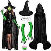MOVINPE Green Witch Costume Set for Women – 5-Piece Hooded Cloak, Witch Hat, Green Face Paint, Long Gloves with Sharp Nails, & Glasses – Perfect for Halloween, Cosplay, and Themed Parties