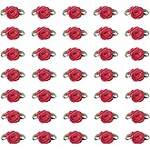 Ruwado 50 Pcs Satin Roses with Green Leaves Mini Cute Ribbon Bows Fabric Artificial Flower Supplies Ornament Applique for DIY Crafting Sewing Wrapping Wedding Decoration (Red)