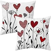 Qinqingo Valentines Day Pillow Covers 18x18 Inch Set of 2, Red White Love Hearts Floral Design Square Pillowcases Anniversary Wedding Cushion Case for Sofa Couch Indoor Outdoor Home Decor