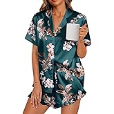 LILLUSORY Womens Satin Silk Pajamas Set 2 Piece Ruffle Pjs Winter Matching Lounge Sleepwear Button Down Striped Shirt Shorts